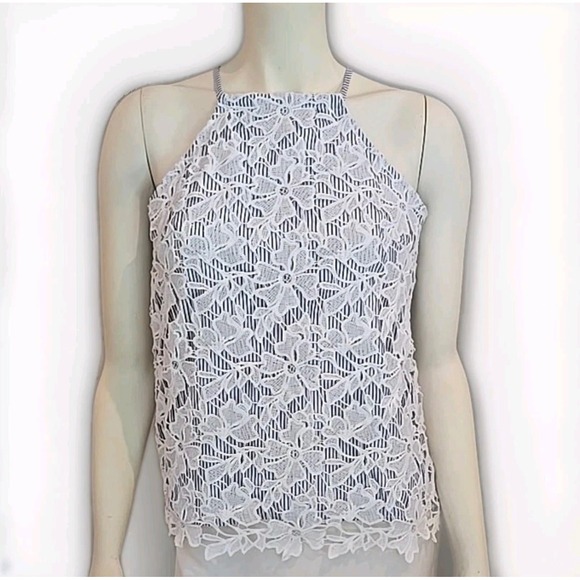 Adiva Women's Size Small Halter Top Blue/White Striped Lace Overlay Casual Tank - Picture 1 of 16